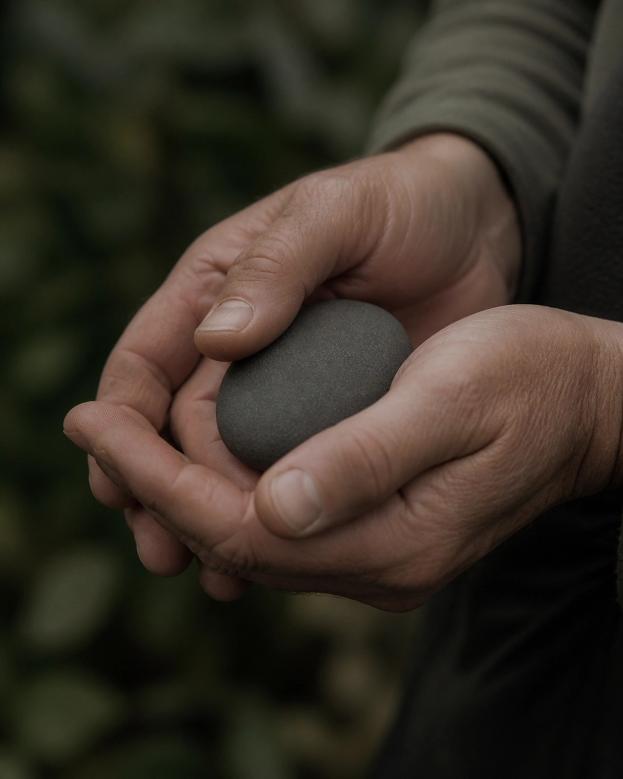 A pair of hands holding a small, smooth river stone, representing tactile grounding and the focus on the physical world.