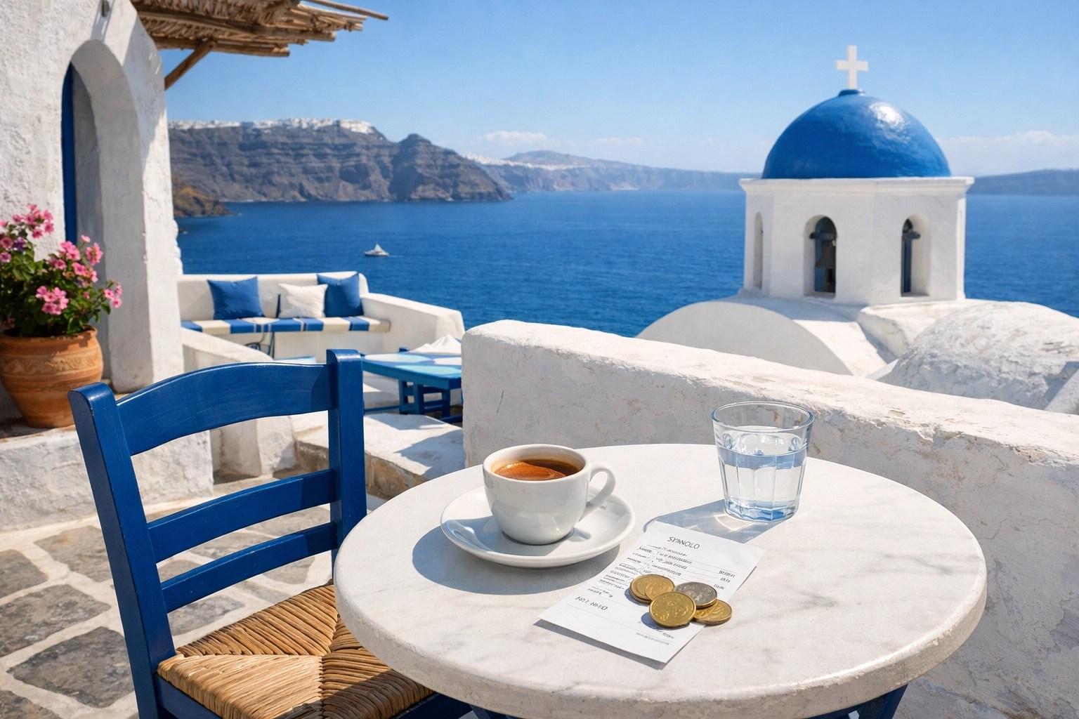 Fresh Greece taverna terrace overlooking vivid blue water with receipt and euro coins