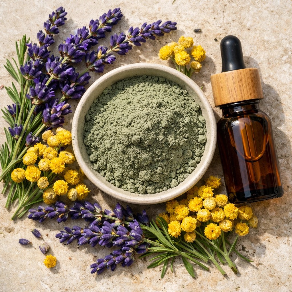 French green clay powder in a ceramic bowl with fresh lavender and helichrysum flowers for scar healing.