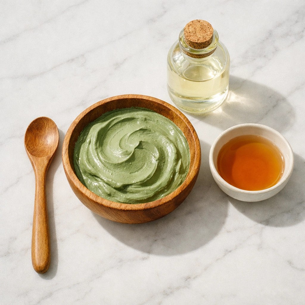 Green clay hair mask ingredients with wooden bowl, coconut oil, and apple cider vinegar