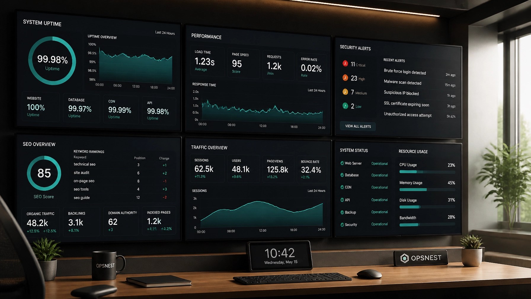 Architectural digital operations dashboard showing uptime monitoring, performance graphs, security alerts, and SEO metrics.