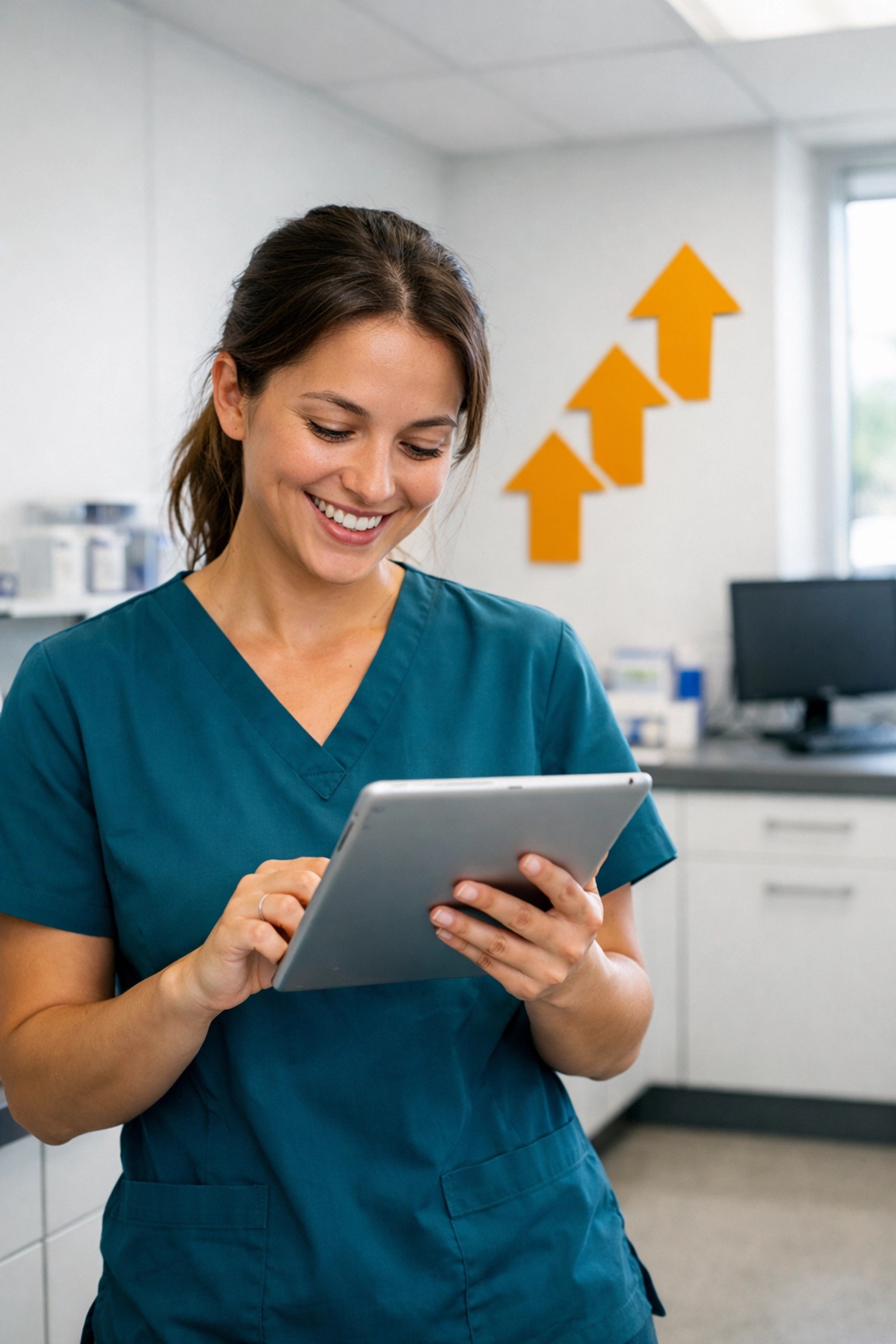 A healthcare student in teal scrubs celebrating career progression through stackable wins and skill-first hiring.