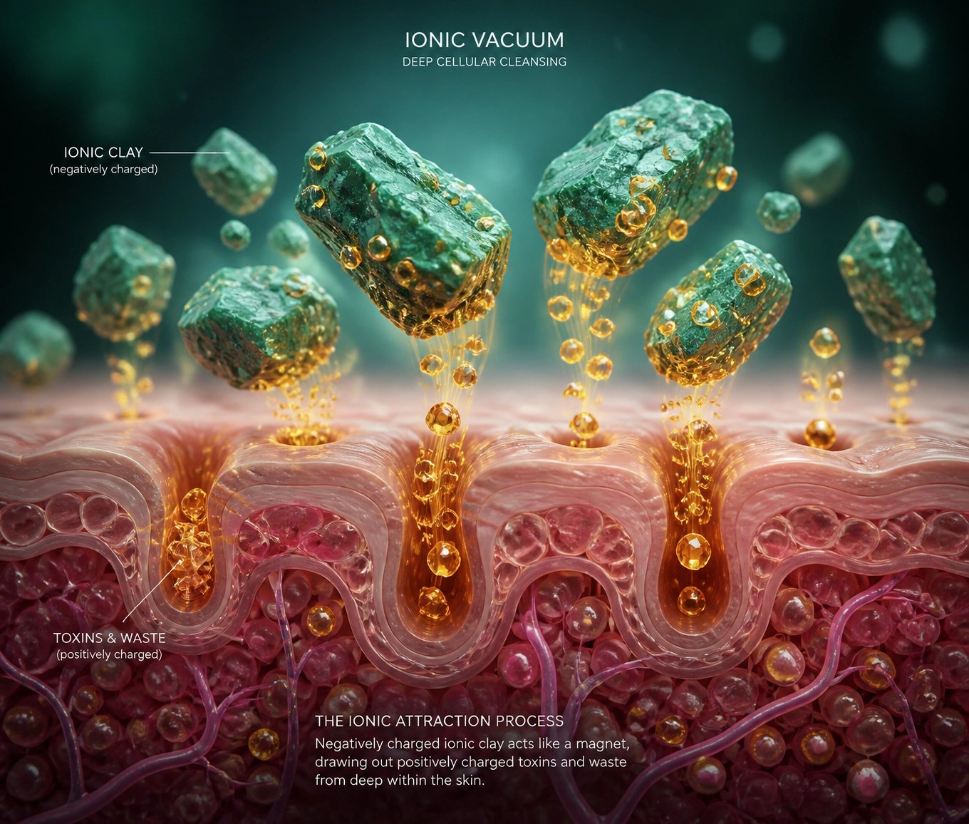 Microscopic visualization of green clay drawing toxins from skin pores for deep muscle detox.