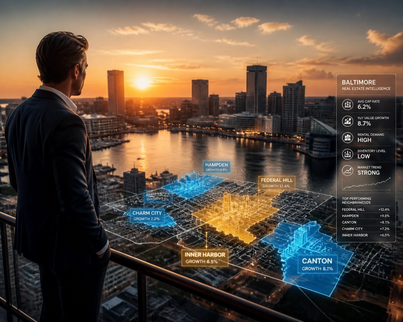 Real estate investor analyzing a Baltimore market heatmap to identify high-demand rental neighborhoods in Maryland.