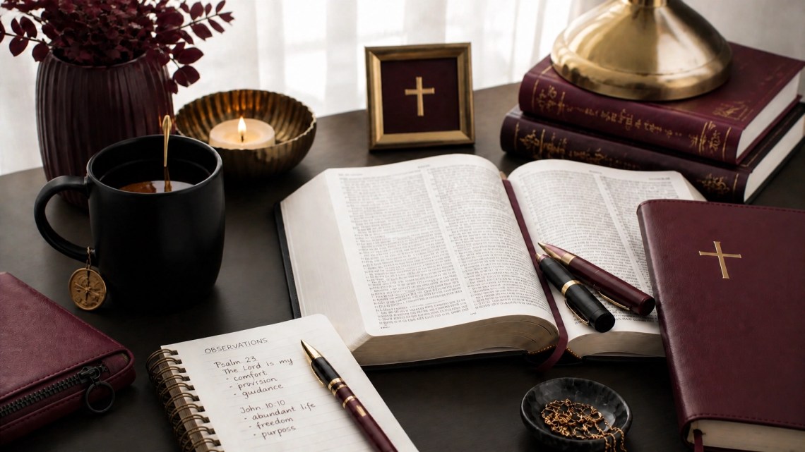 Hyper-realistic everyday Bible study desk with Scripture notes, soft stationery, and natural objects in rich wine burgundy, deep burgundy, warm maroon, warm ivory, antique gold, and soft black with burgundy leather, black metal hardware, and gold-foil detailing