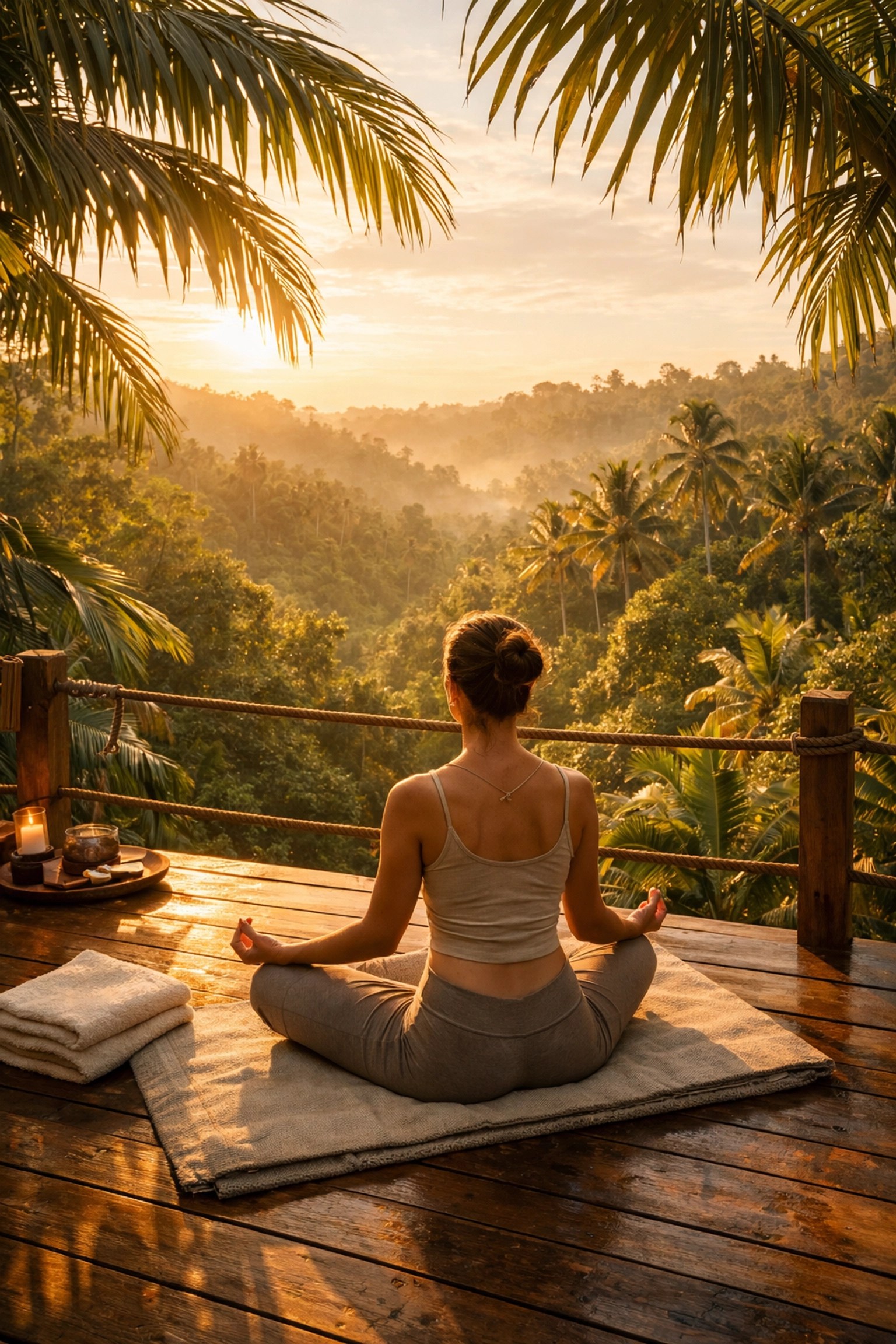 Woman meditating on wooden deck at tropical wellness retreat surrounded by rainforest