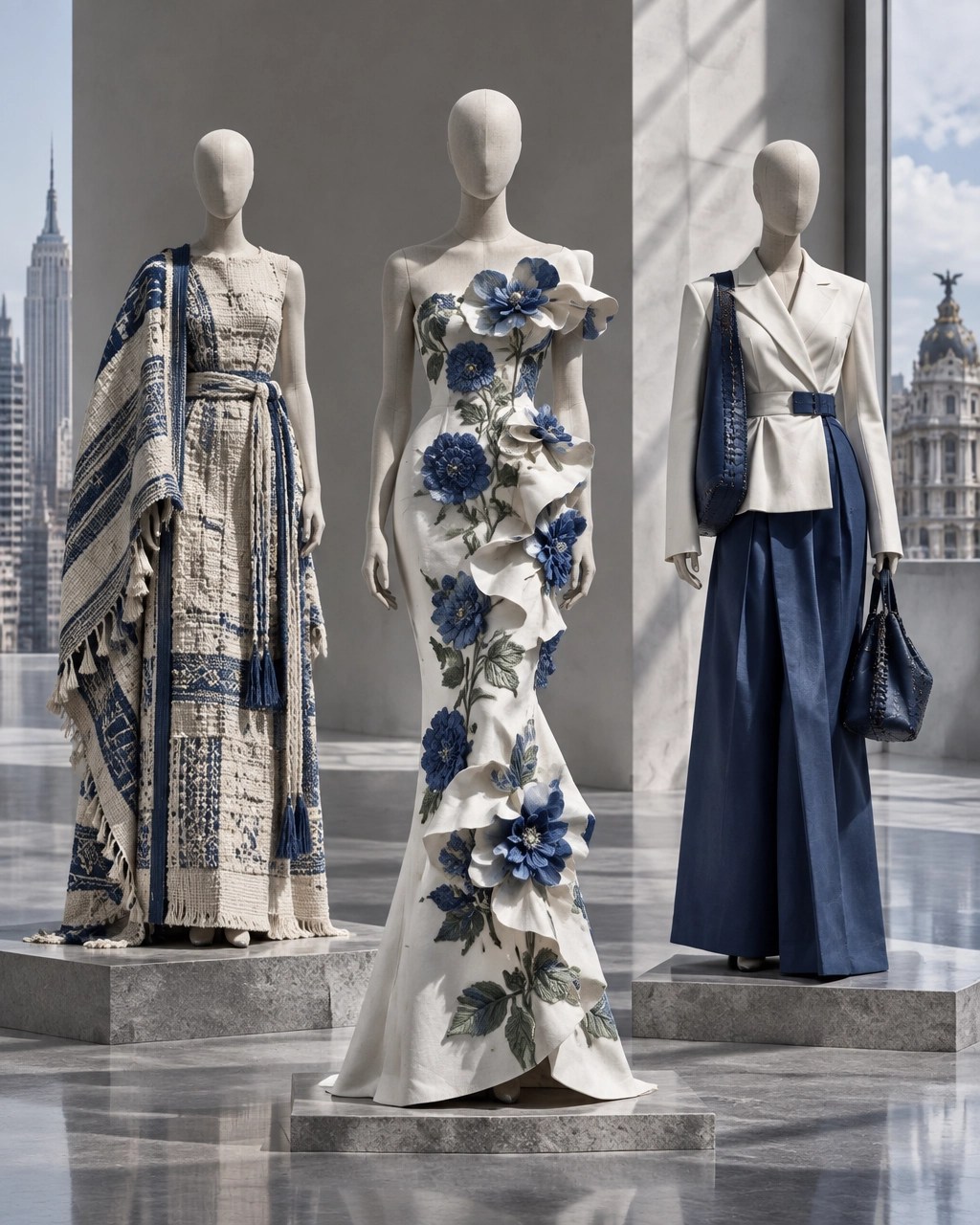 Three contemporary Latin American-inspired silhouettes in a cool gray gallery installation with woven textile, embroidery, and architectural tailoring