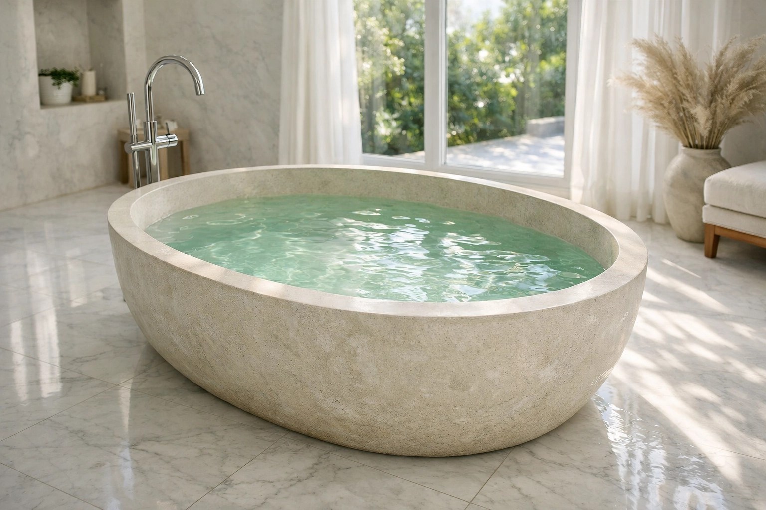 A serene luxury bathtub filled with mineral-rich green clay water for a relaxing home spa experience.