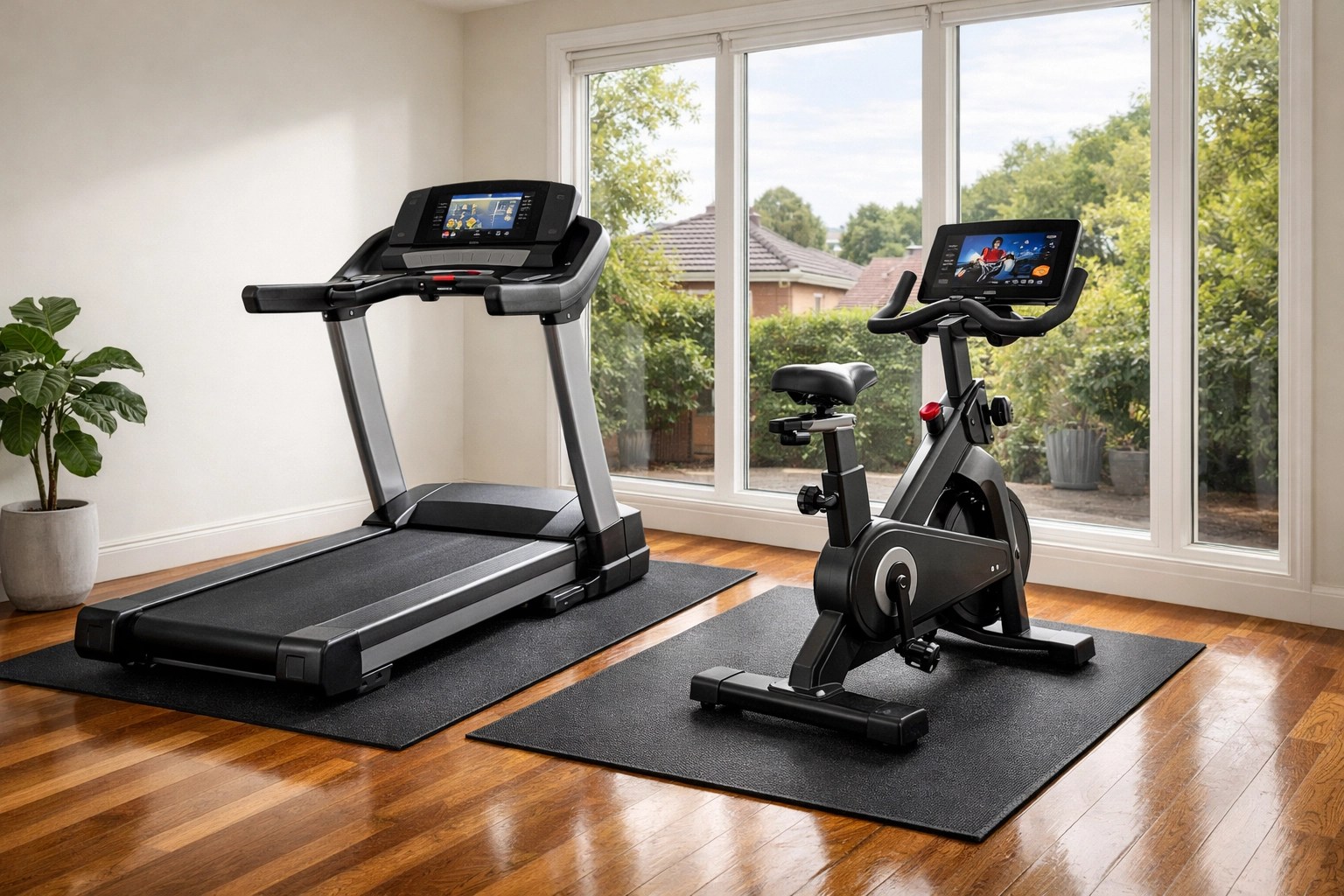 Professional home gym with treadmill and bike hire in a modern Melbourne living space.
