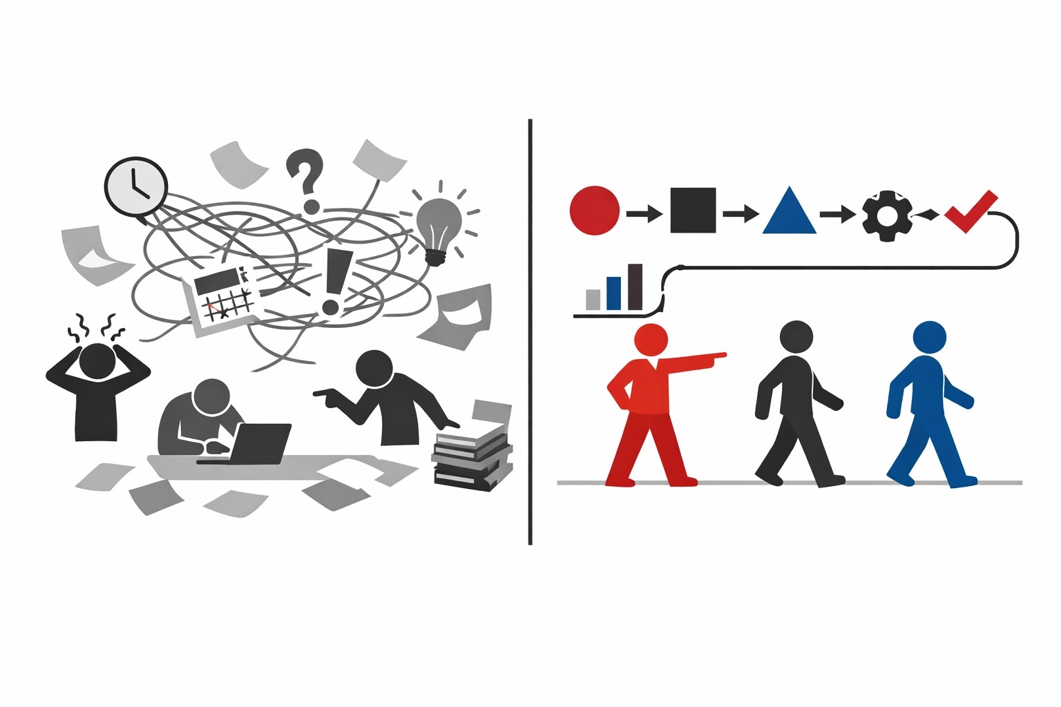 Illustration comparing chaotic nonprofit operations versus organized process improvement systems