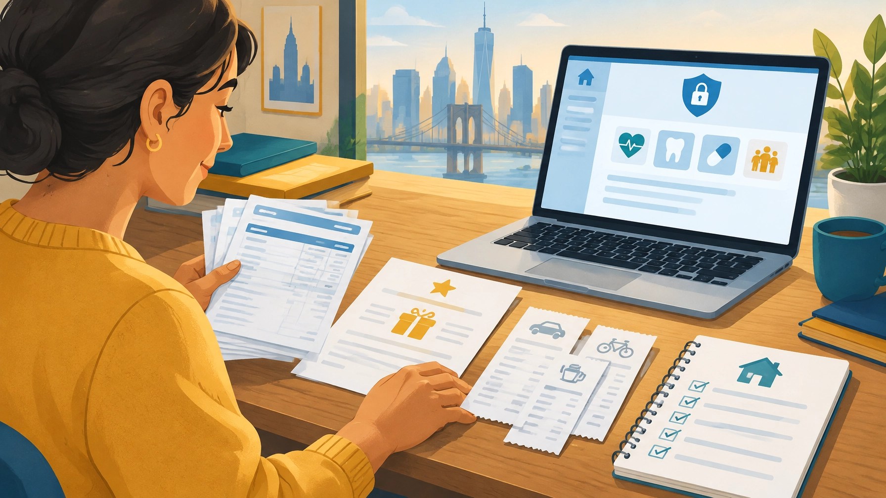 New Yorker organizing pay stubs, bonus information, and gig income records for a coverage review