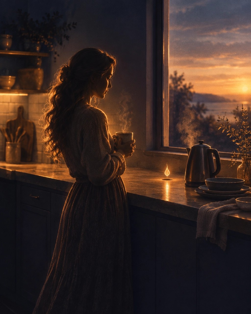 A quiet kitchen at dusk with a steaming kettle, an ordinary mug and a woman resting against the bench in amber light