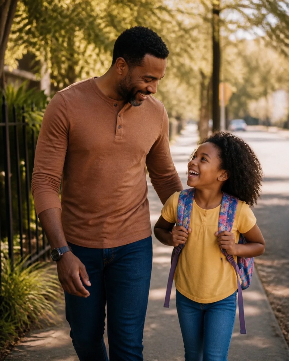 A black father and his young daughter walk together toward a school building, sharing a joyful and encouraging moment that highlights the power of a strong family bond during educational transitions.