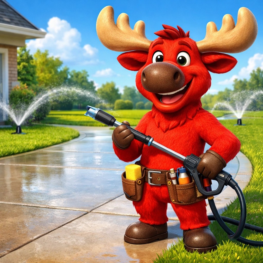 Red Moose mascot next to clean, rust-free driveway after professional cleaning