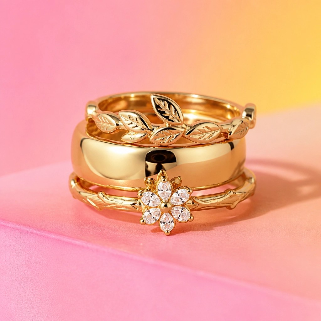 A stack of three bold nature-inspired rings with leaf motifs and diamond accents on a pink and yellow gradient.