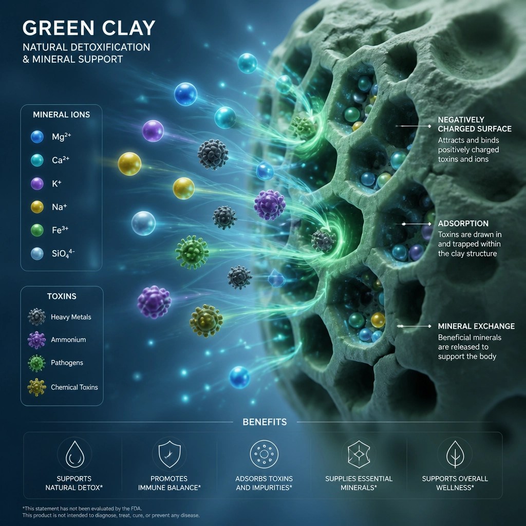 Abstract 3D visualization of green clay minerals attracting and neutralizing toxin molecules
