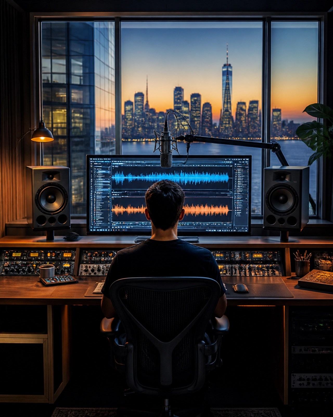 A sleek, high-end recording studio setup in a high-rise, representing the level of production and effort that goes into a global chart-topping release.