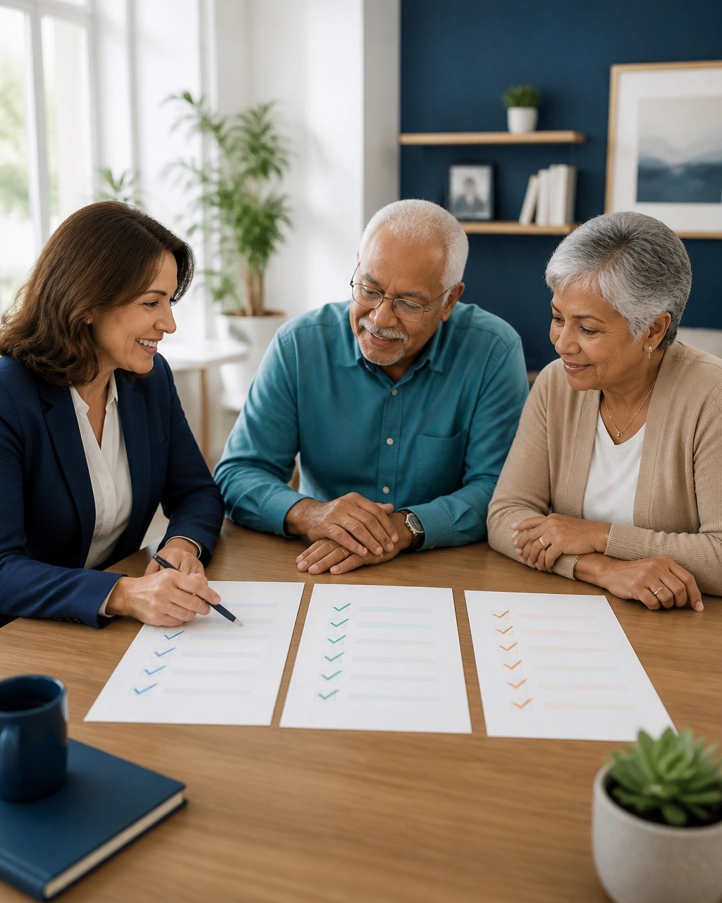 Licensed insurance professional comparing policy options with an older couple
