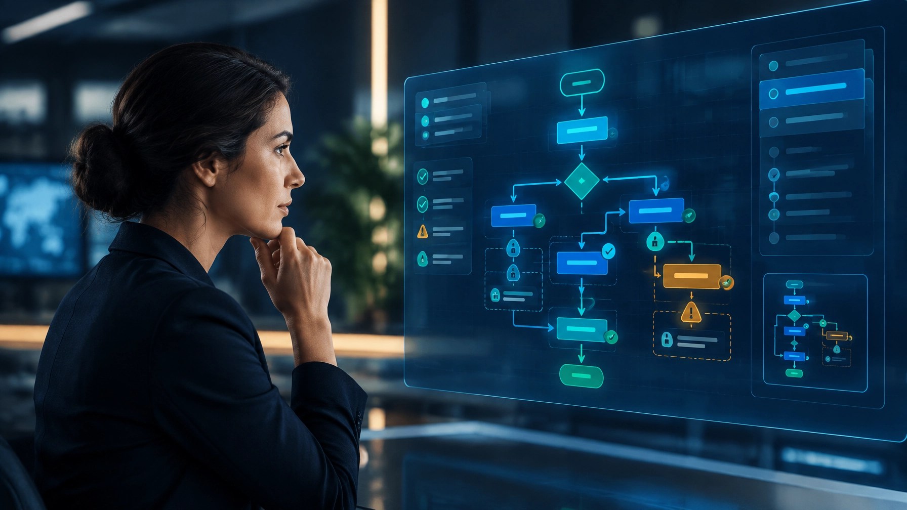 Operations architect reviewing a governed workflow map with version layers and review checkpoints