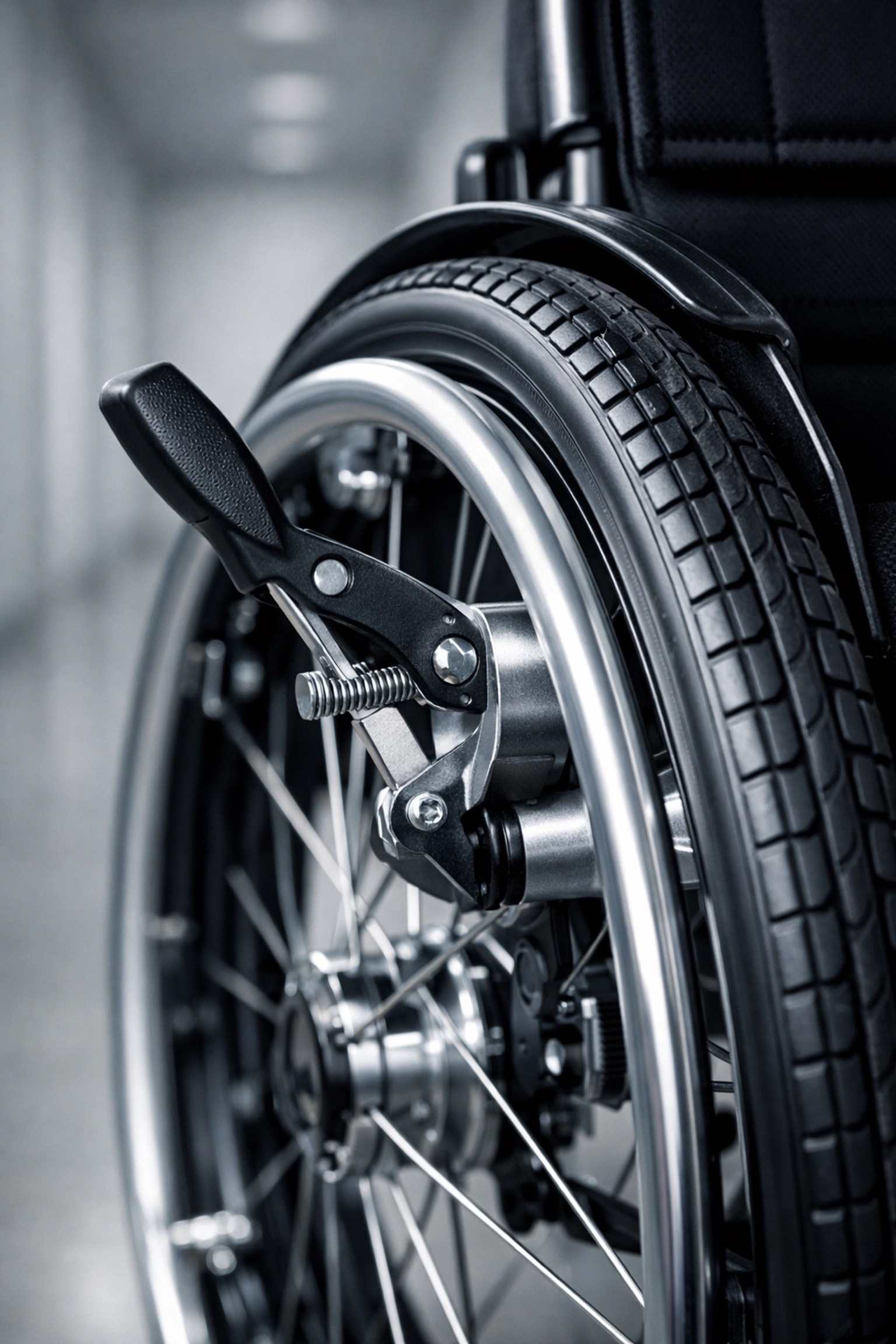 Close-up of a well-maintained wheelchair wheel and brake for safe medical transportation.