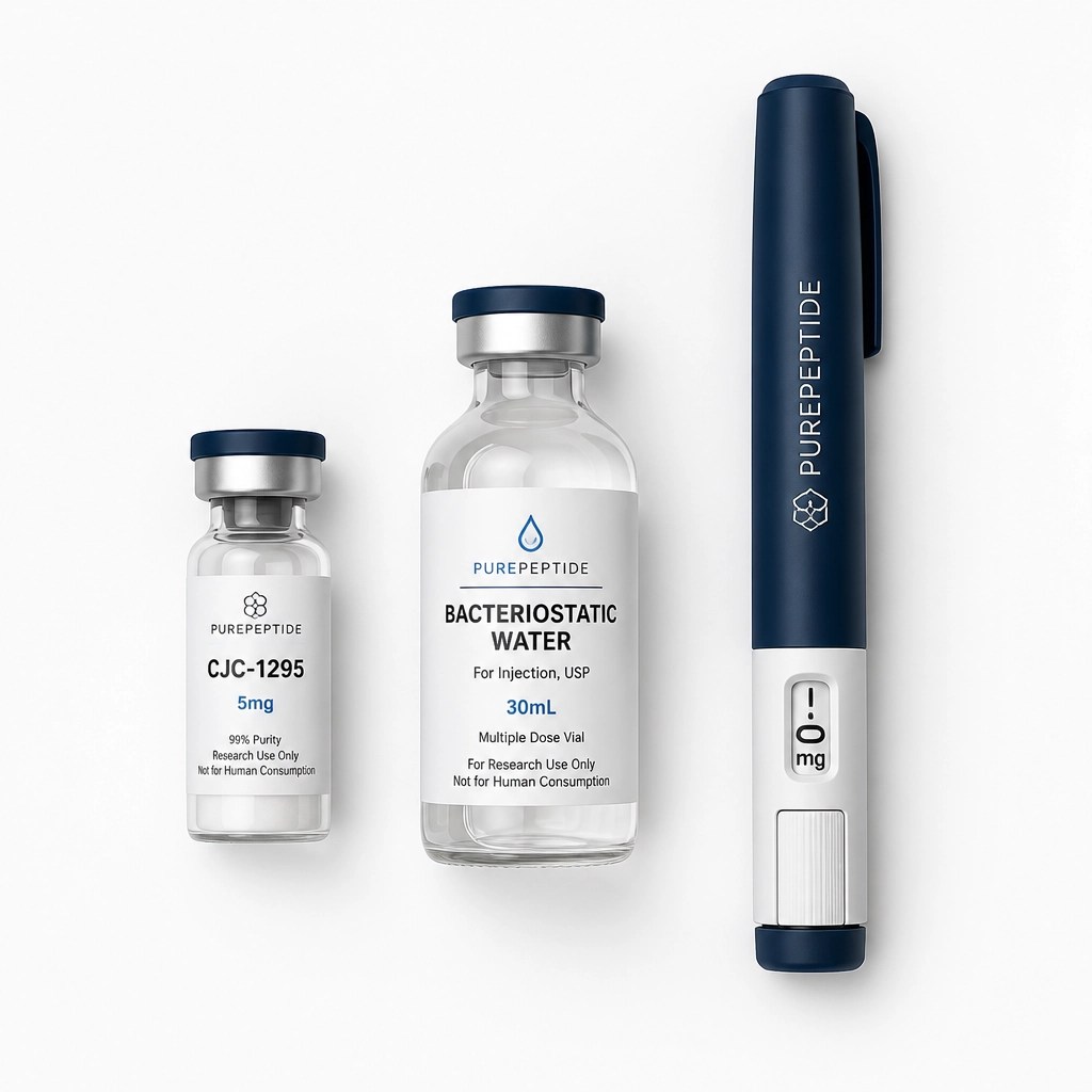 Top-down flat lay of a peptide kit and bac water