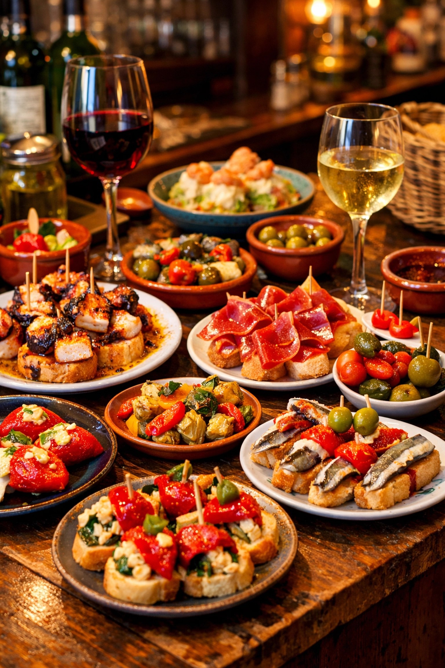 Traditional Spanish pintxos tapas spread in San Sebastian Basque Country food scene
