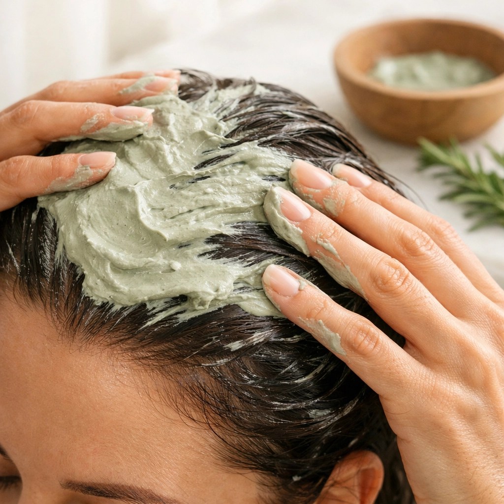 Applying a French green clay mask to the scalp and hair roots for a natural growth-stimulating detox.