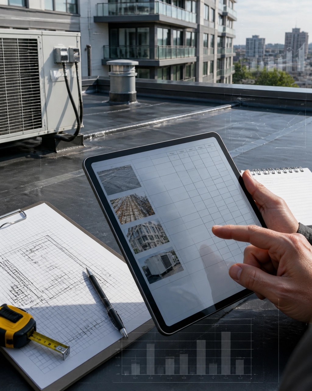 Engineer reviewing condominium asset inventory and capital planning data