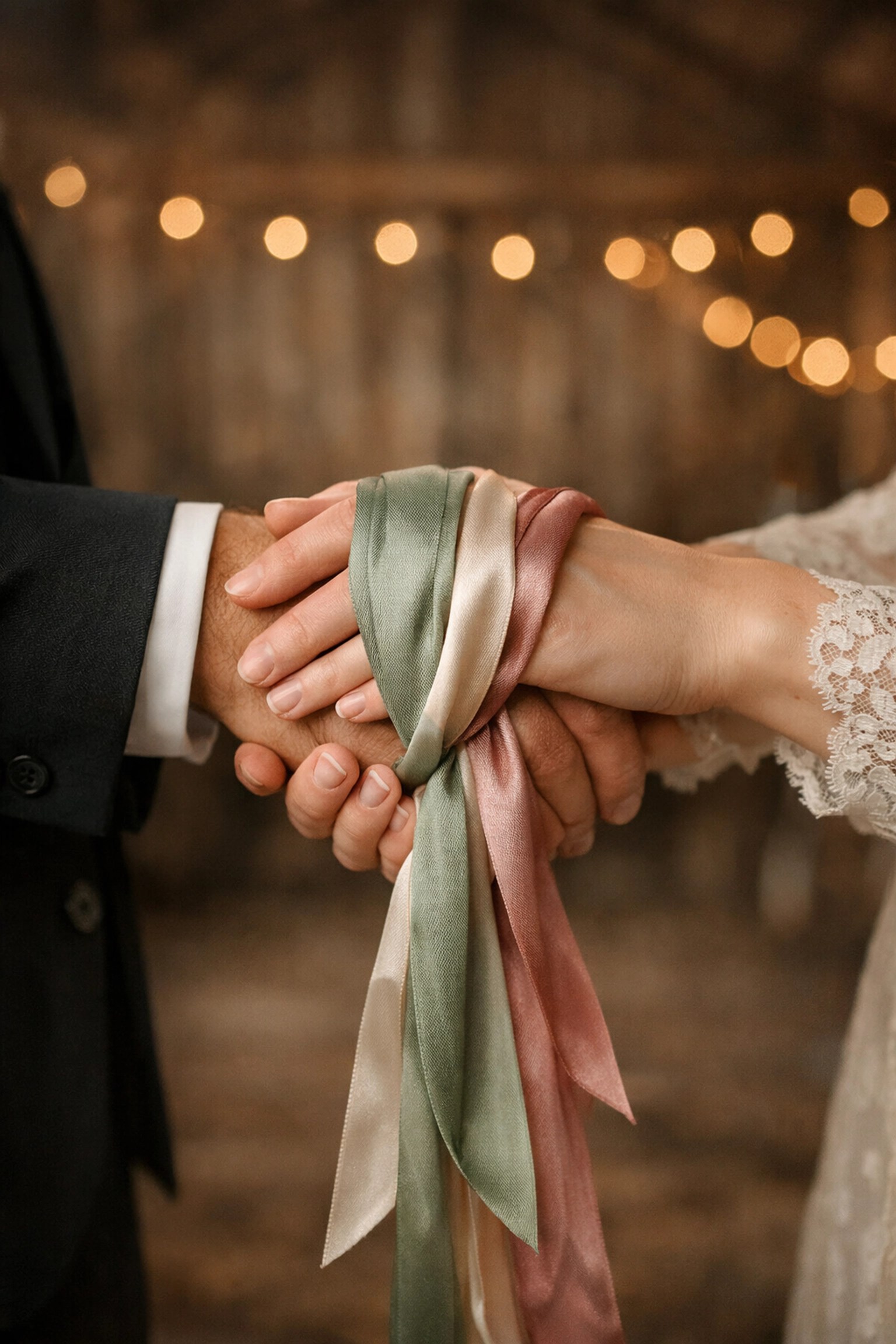 Close-up of a symbolic handfasting ritual with silk ribbons during a personal Kent wedding ceremony.