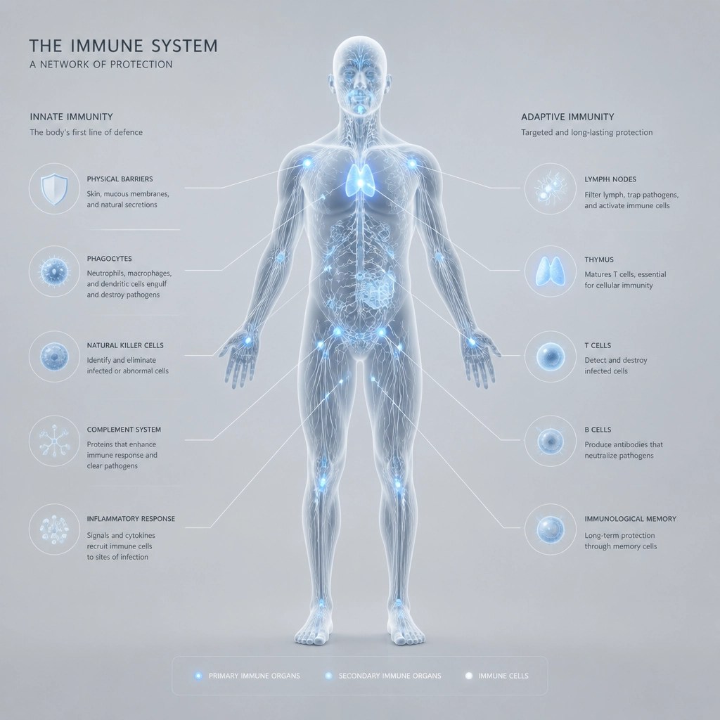 Minimalist 3D render of immune system pathways and nodes