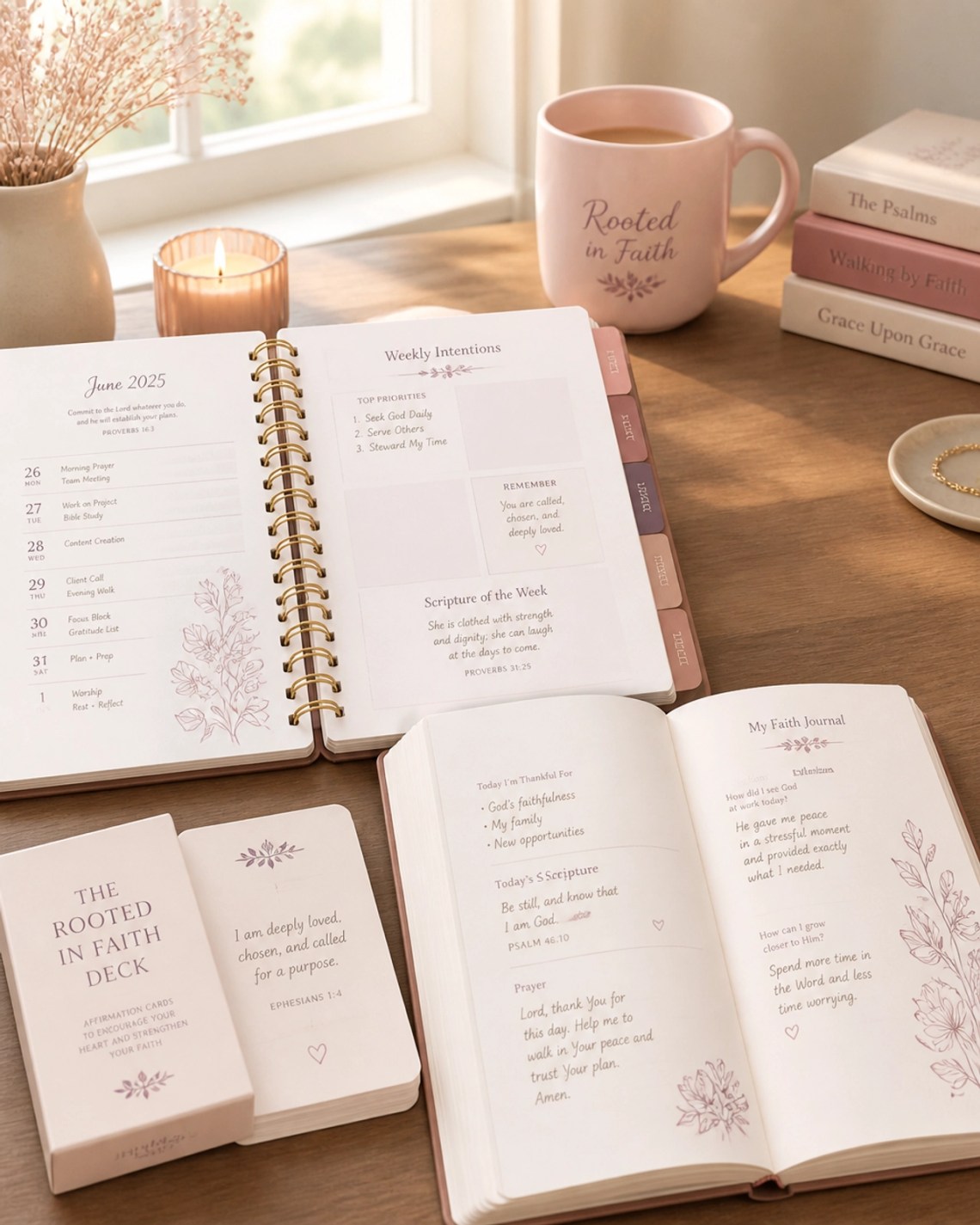A serene stationery setup with a Christian planner and faith journal