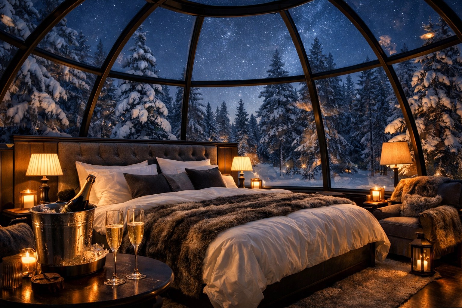 Inside a heated luxury glass igloo suite