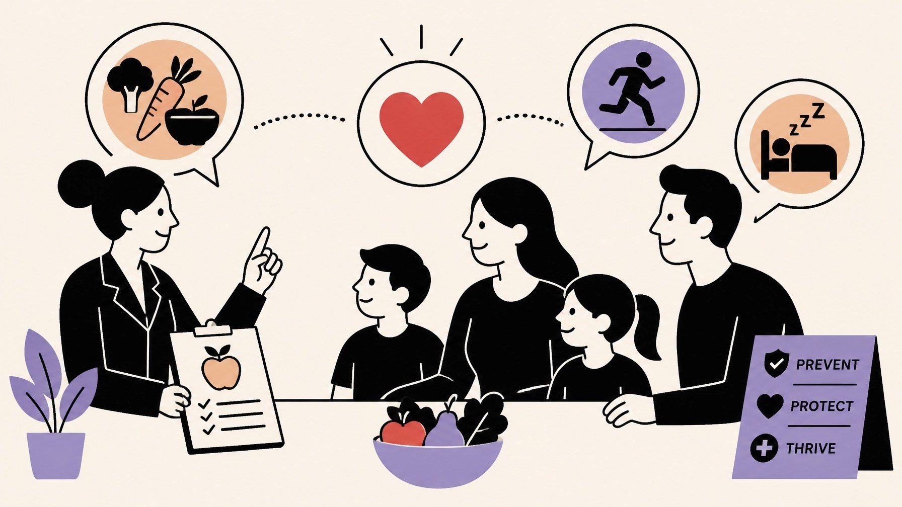 Minimalist illustration of family guidance and health discussions