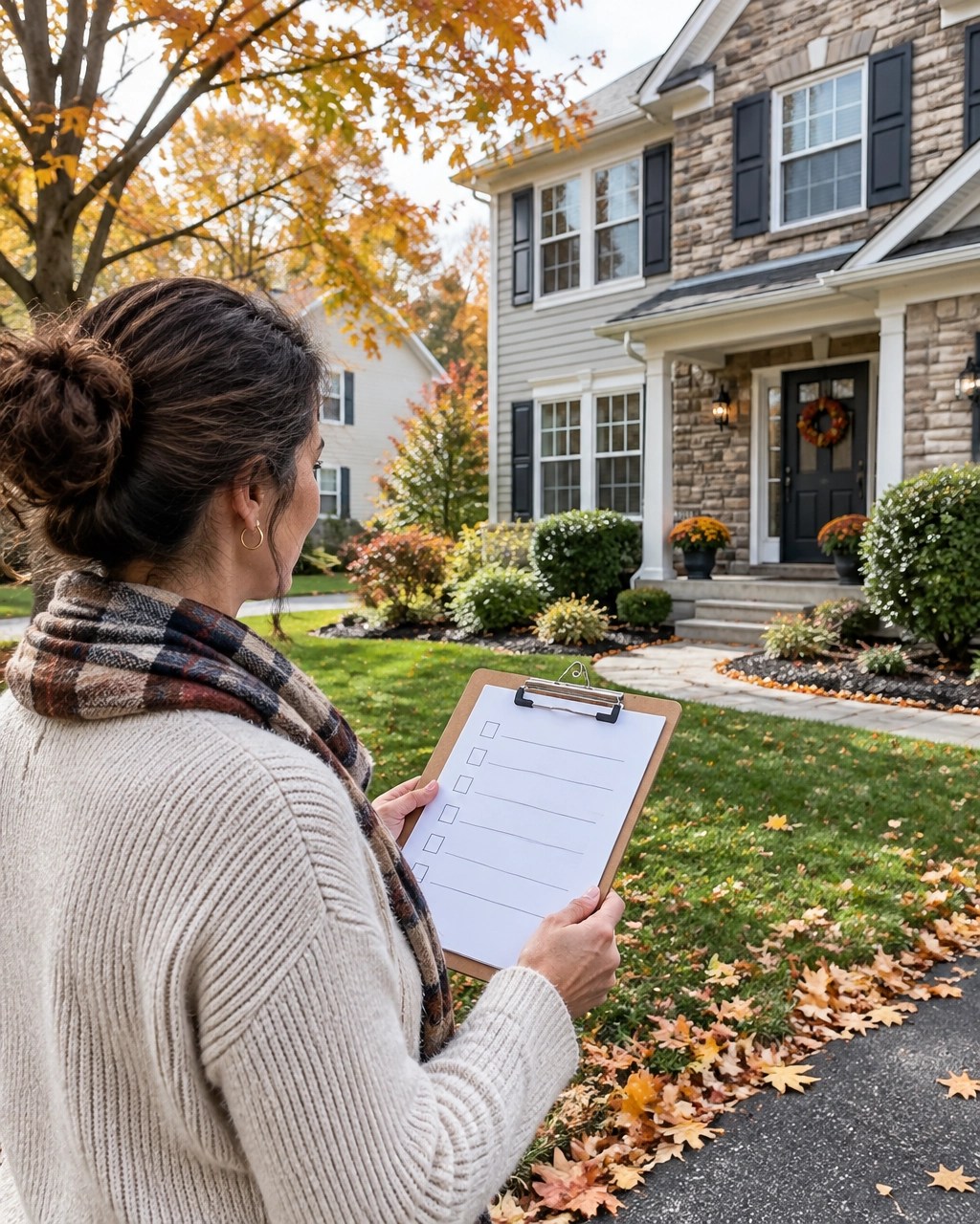 Maryland homeowner reviewing a checklist outside a home in autumn