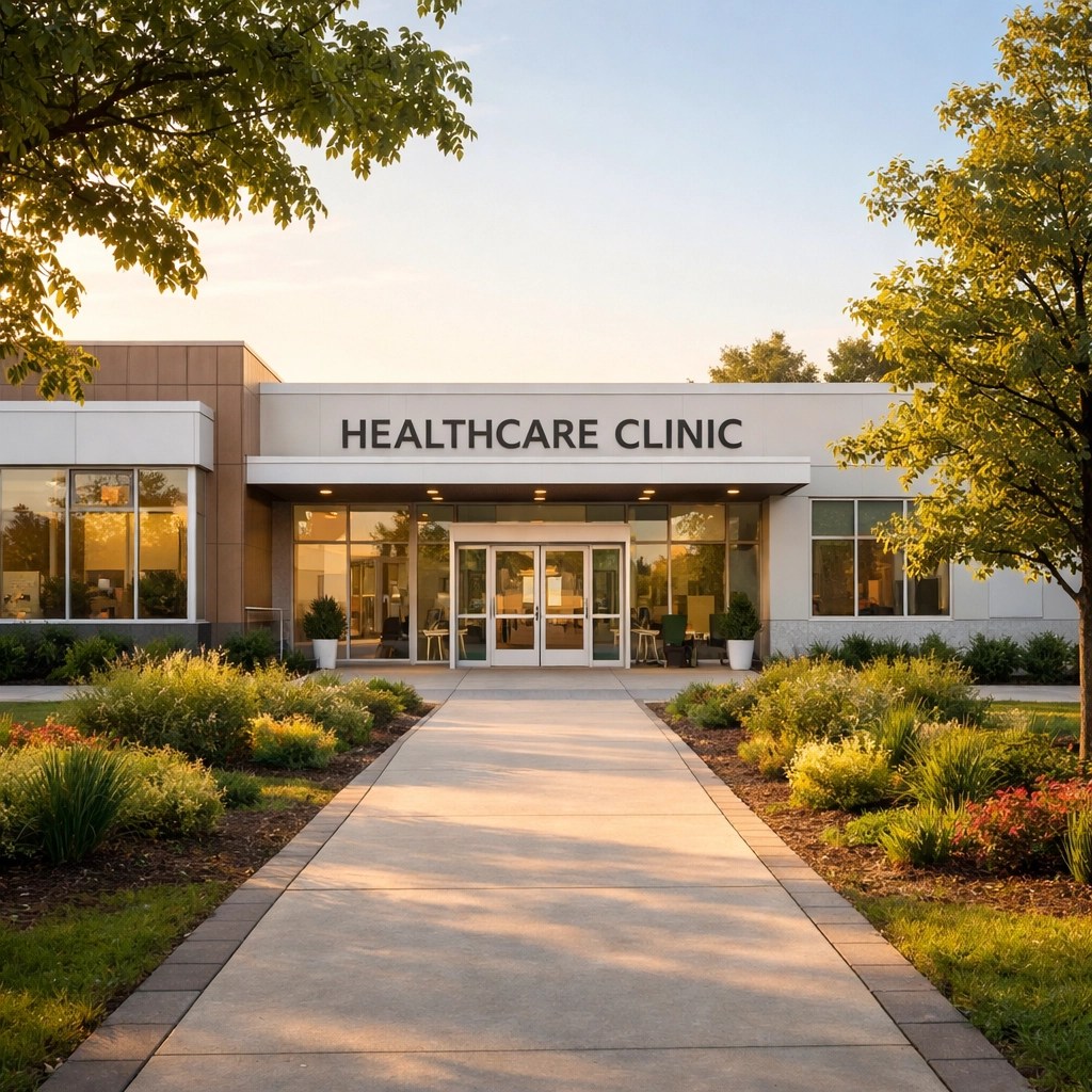A modern healthcare clinic with an accessible path, showing the end of a successful patient journey.