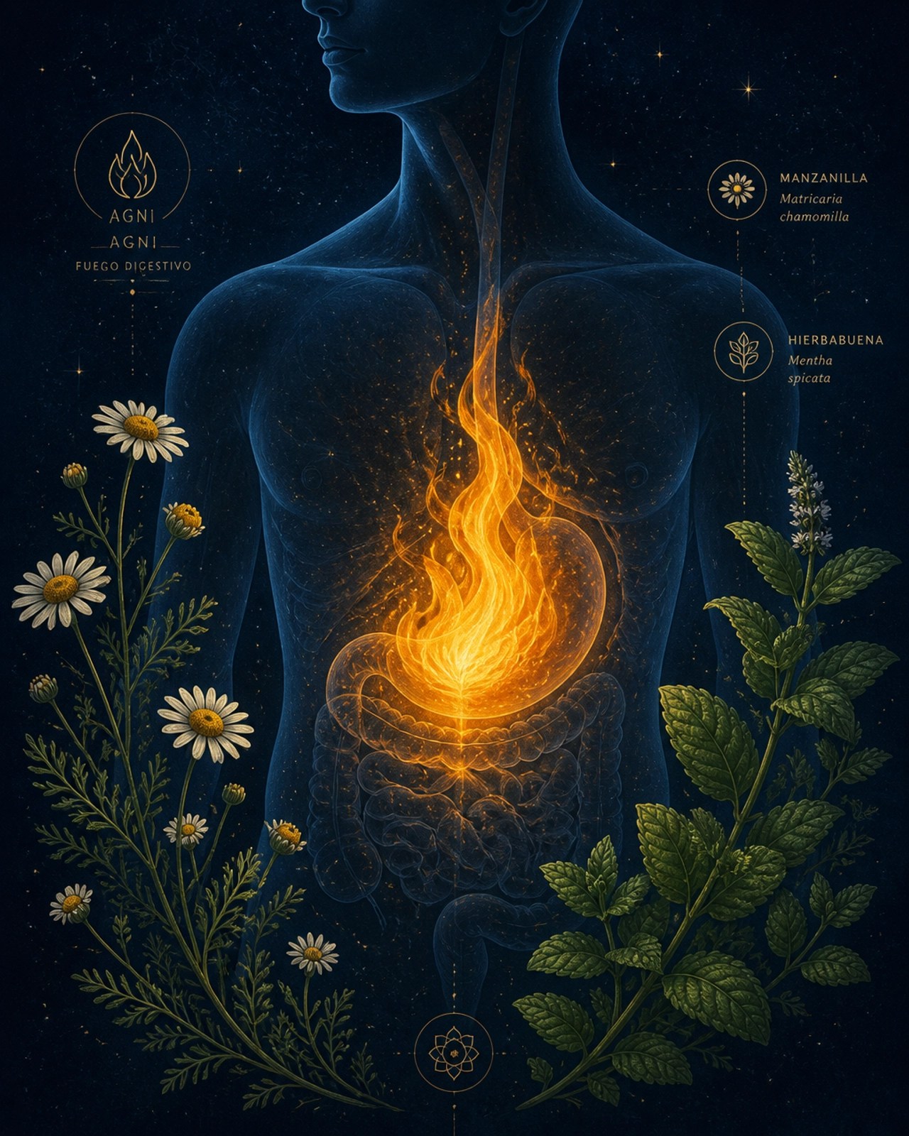 Representación artística de Agni, el fuego digestivo, rodeado de plantas medicinales colombianas