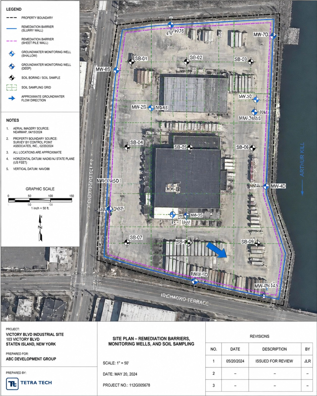 A professional engineering site plan overlay on an aerial view of an industrial property in New Jersey