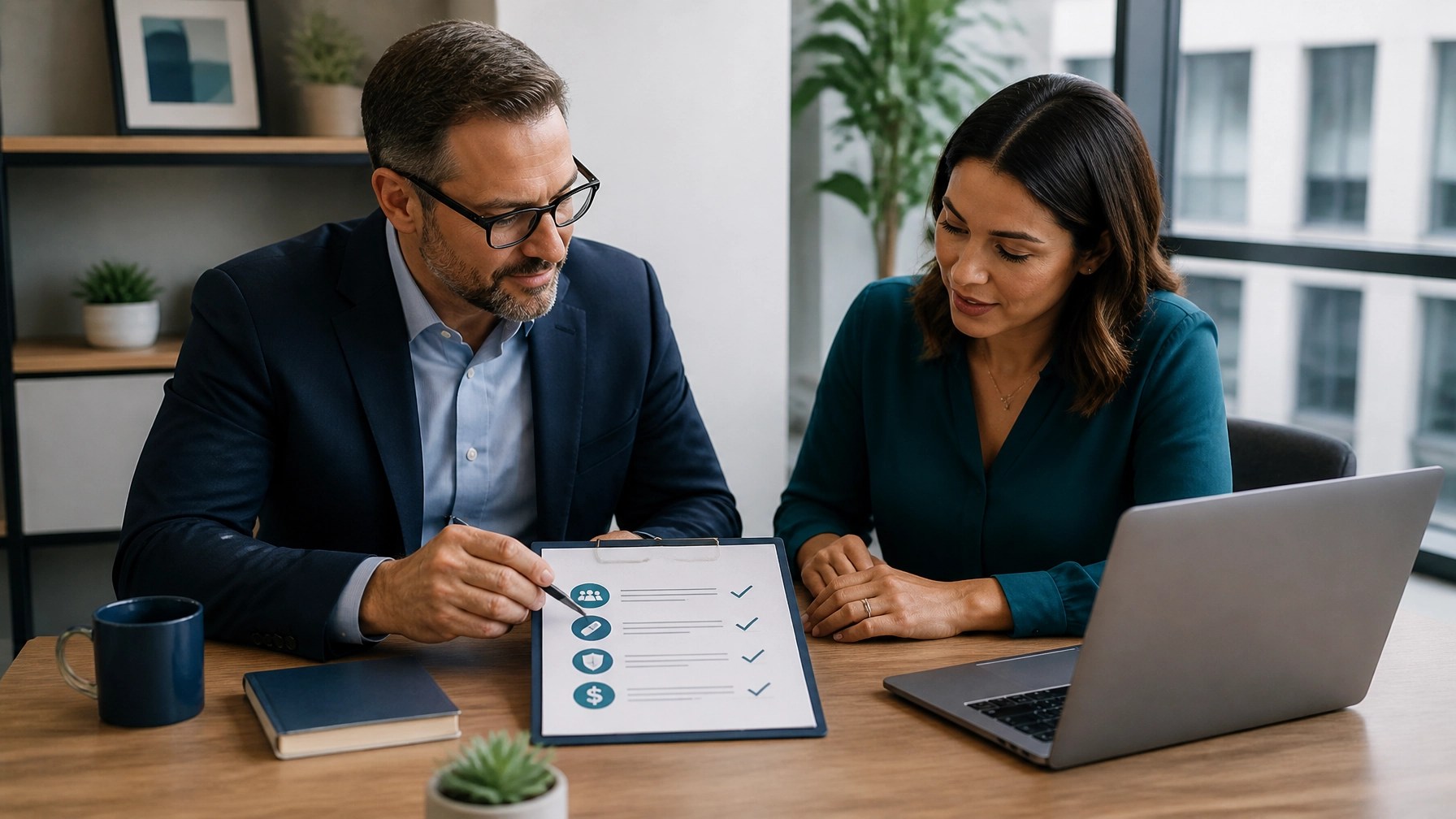 New York business owner and insurance advisor completing an annual employee benefits review