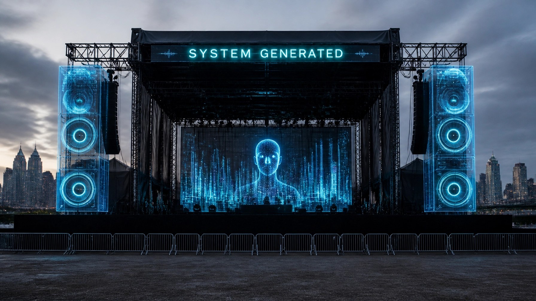 An empty festival stage with AI holograms, symbolizing the future risk to live music.