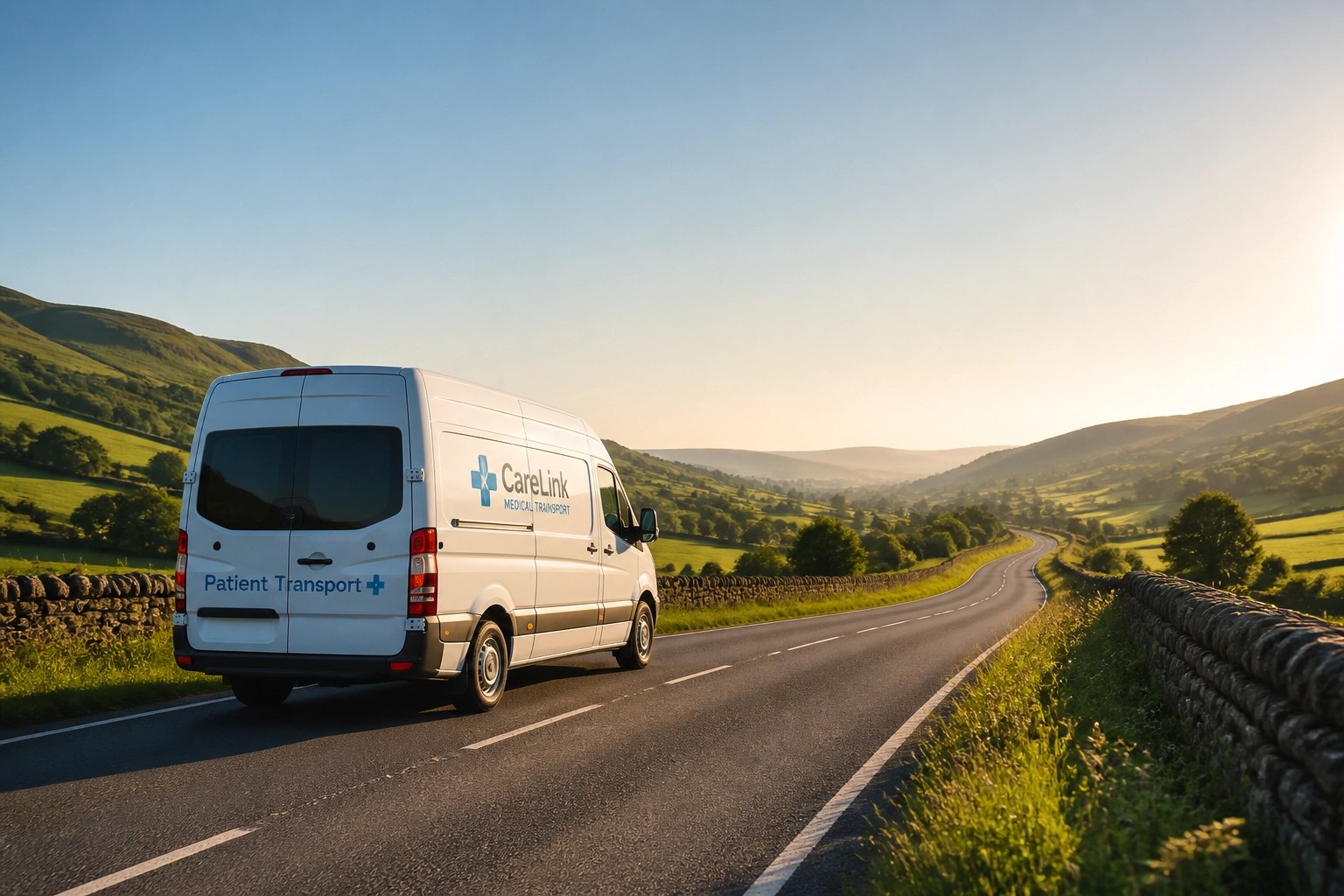 White NEMT transit van driving on a rural country road for healthcare access.