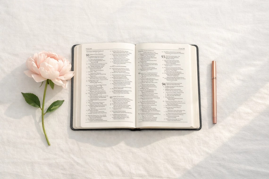 An open Bible and rose gold pen on a white linen cloth, perfect for starting your Bible journaling journey.