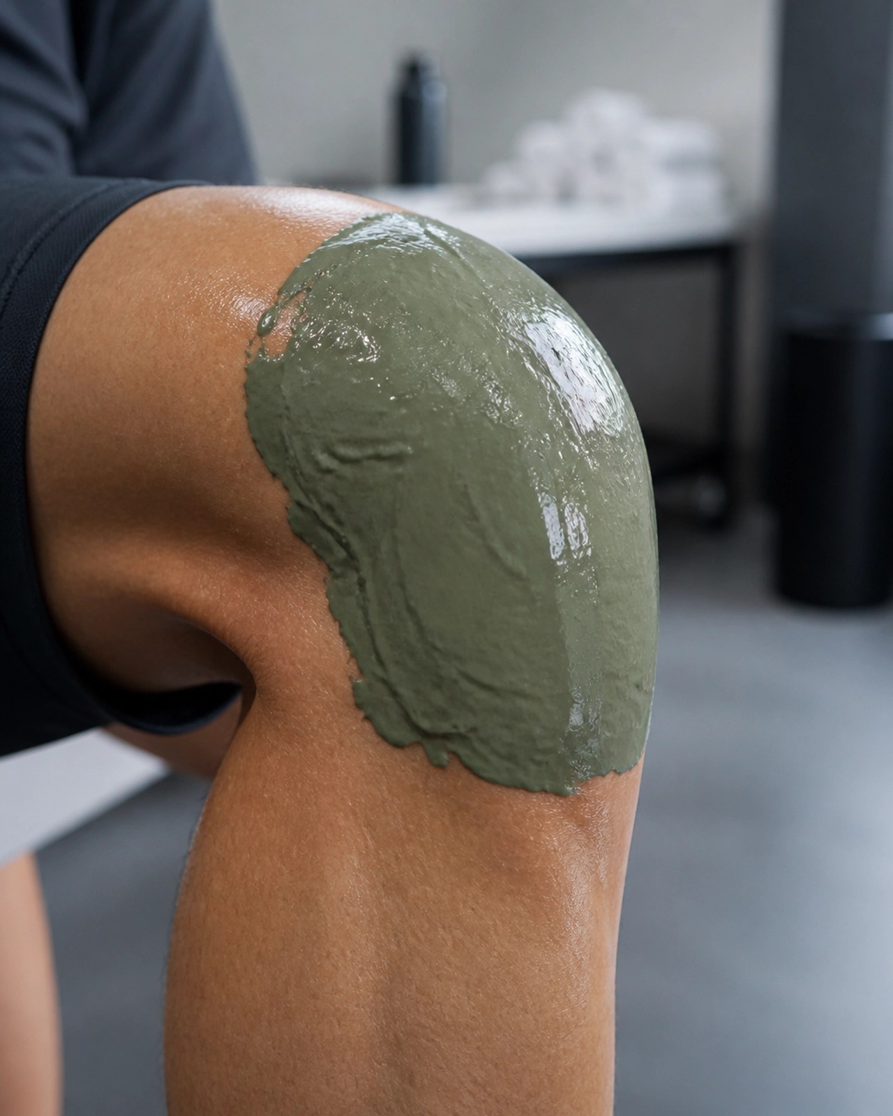 French green clay applied as a recovery poultice on an athlete's knee