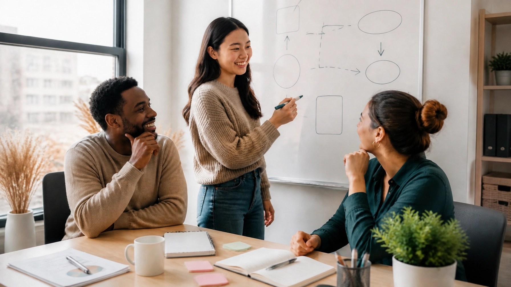 Early career colleagues collaborating around a whiteboard in a supportive workplace
