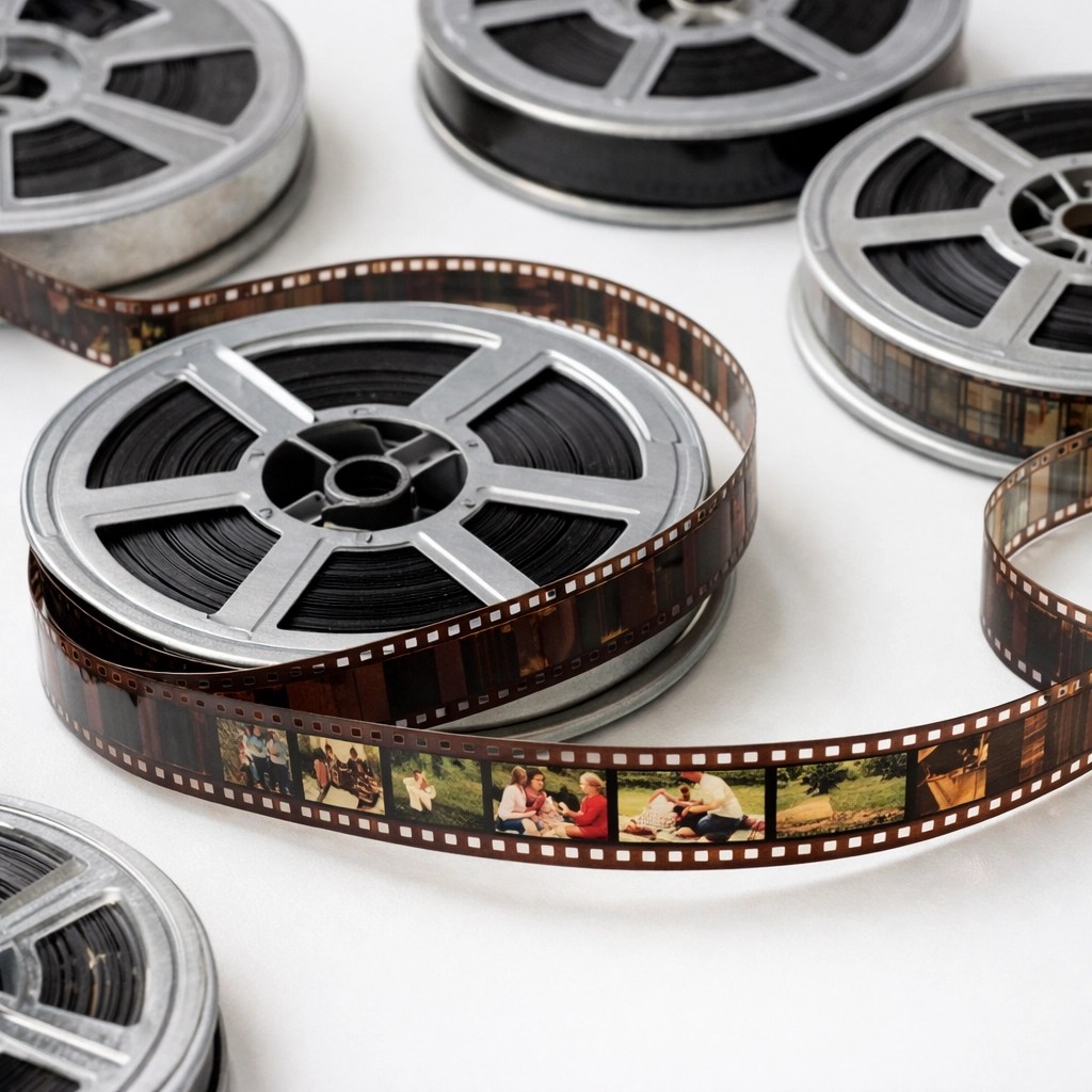 Close-up of 8mm film reels showcasing the detail preserved by a professional 8mm film transfer service.