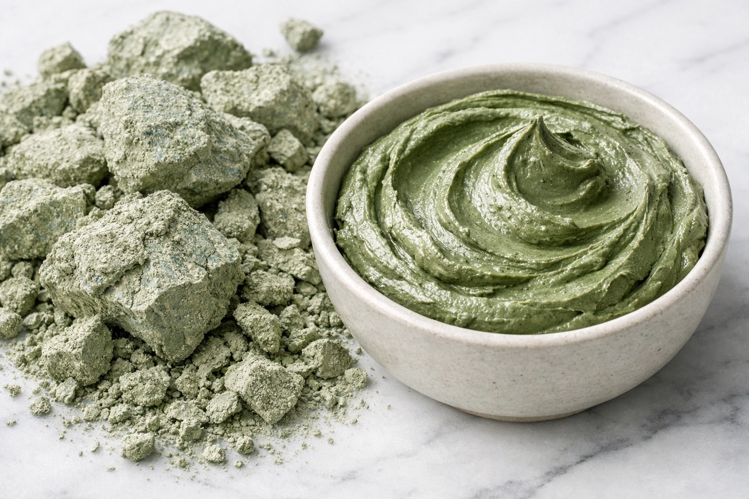 French green illite clay in raw and paste form used for mineral-rich healing and recovery.