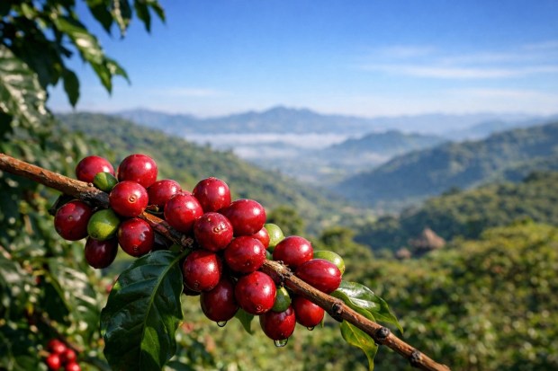 Fresh Ethiopian coffee cherries on the branch in highland coffee growing region