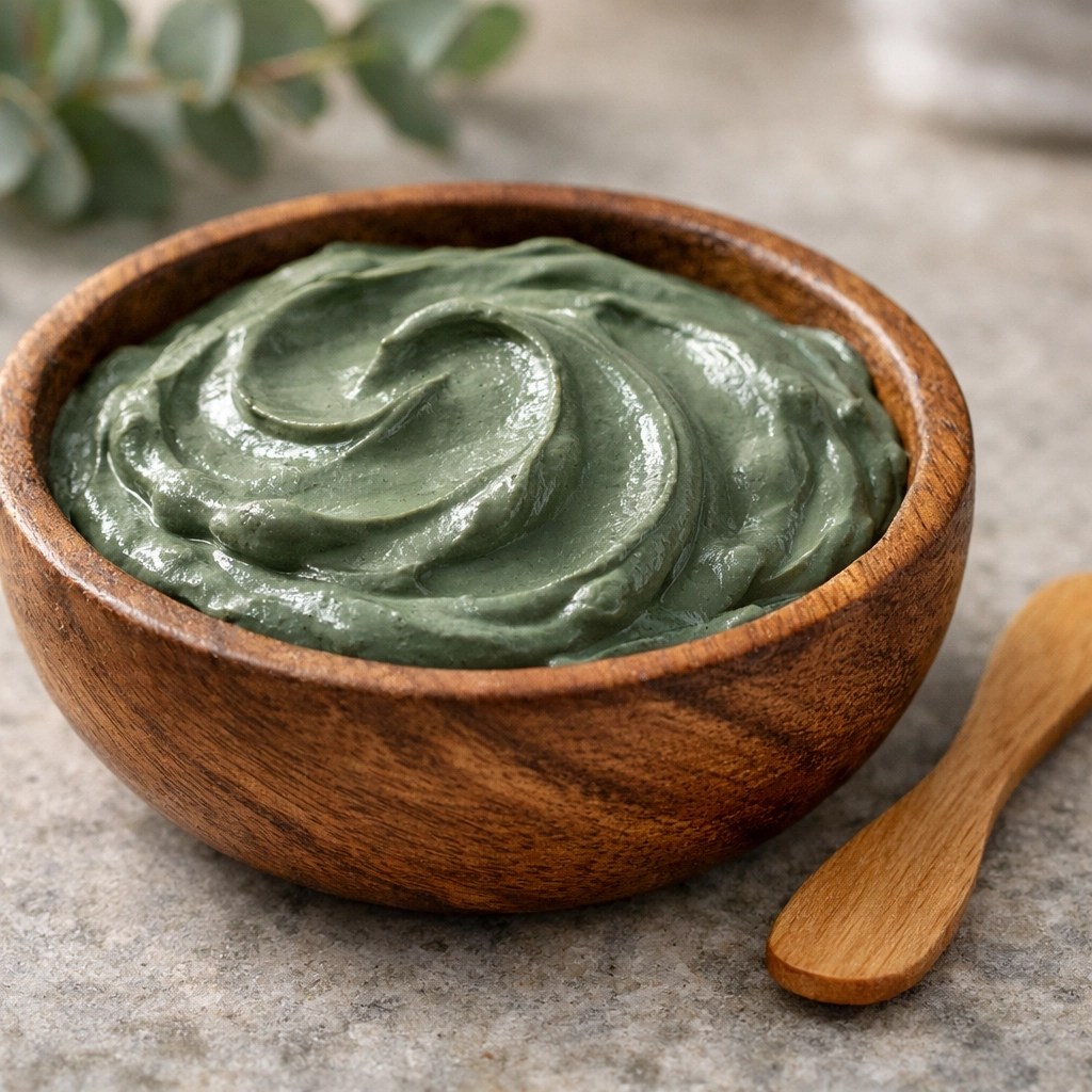 A wooden bowl of smooth, creamy French illite green clay used for natural detox and healing.