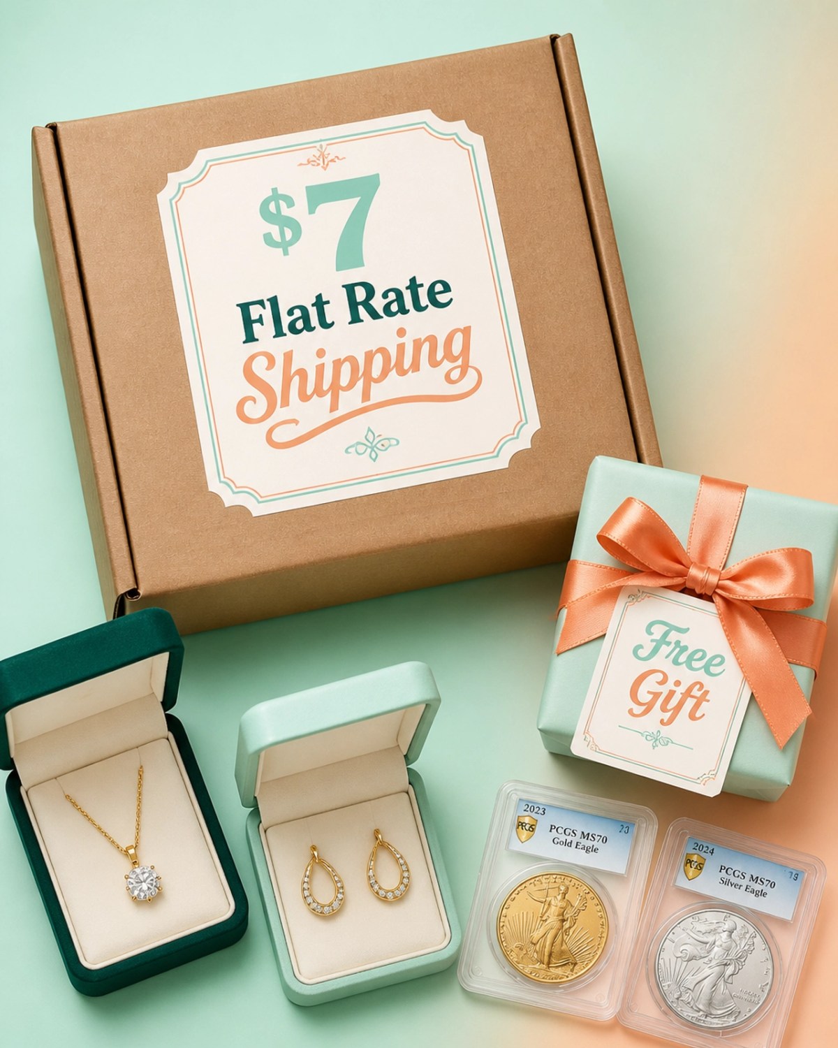 A shipping box with a $7 flat rate label and a free gift on a pastel background