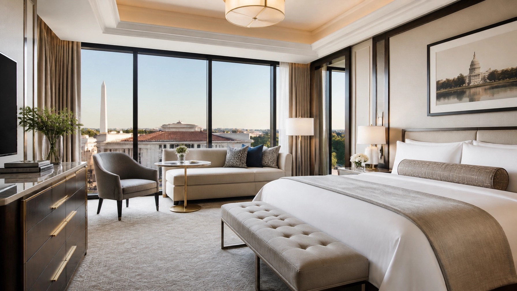 A luxury hotel suite in Washington D.C. with elegant decor and a view of the city.