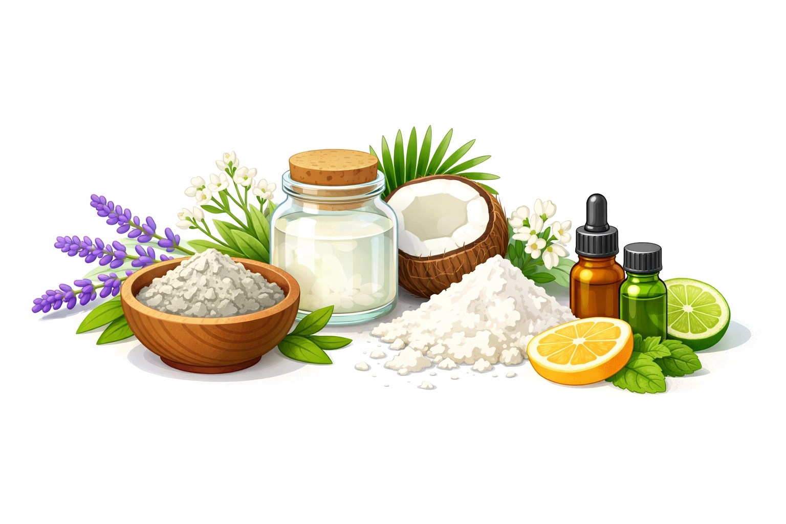 Natural deodorant ingredients including clay, coconut oil, and essential oils